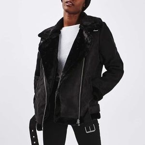 Topshop Suede Shearling Biker Jacket